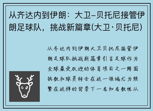 从齐达内到伊朗：大卫-贝托尼接管伊朗足球队，挑战新篇章(大卫·贝托尼)